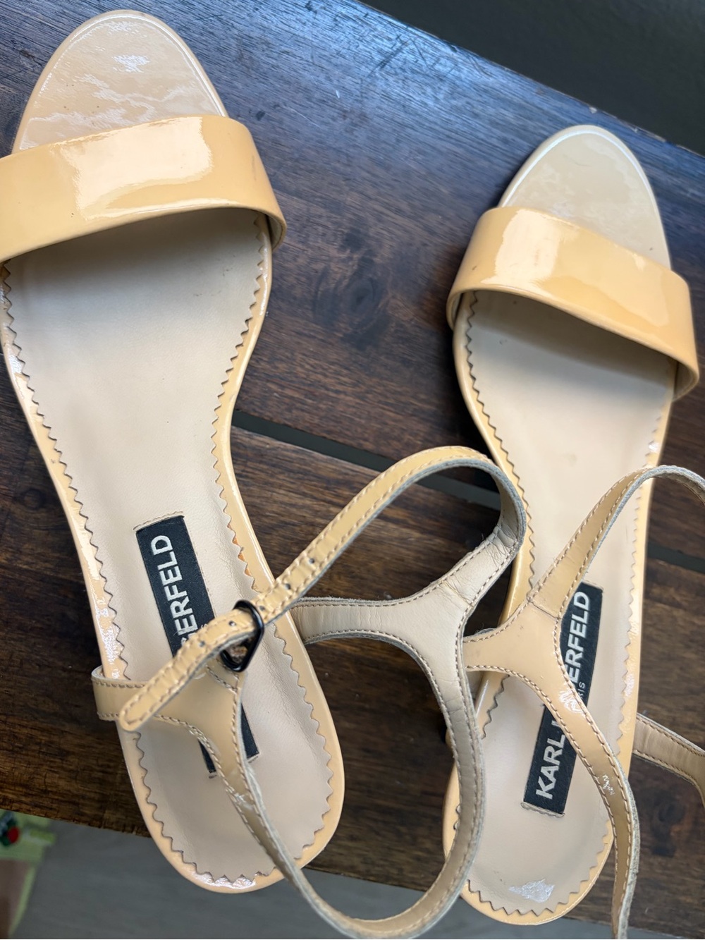 Karl Lagerfeld Nude Patent Leather Ankle-Strap Sandals